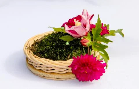 Pad under wedding rings in rustic style: Small basket with moss and flowers Stock Photos