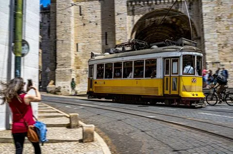Padding on a moving tram in Lisbon Stock Photos
