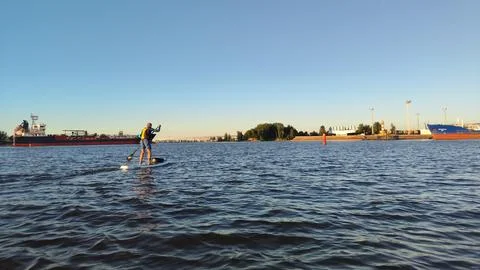 A paddle boarder sails on a sup board in the port of St. Petersburg. Stock Photos