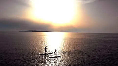 Paddle boarding at sunset Stock Footage 91495776