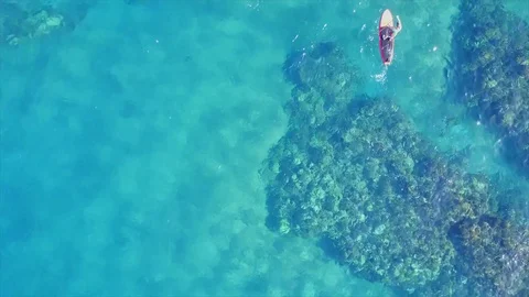 Paddle boards couple over emerald waters Stock Footage 86338995