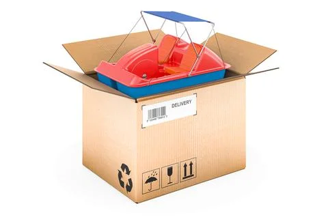 Paddle boat inside parcel. Delivery concept. 3D rendering Stock Illustration