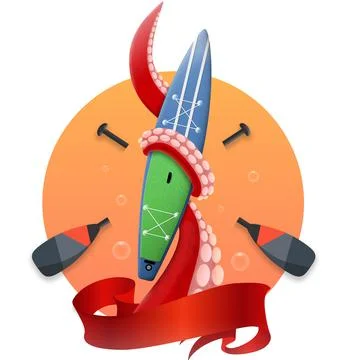 Paddle standing surf print, Octopus logo cartoon Stock Illustration