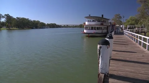 Paddle steamer at the wharf on the Murray River at Mildura Stock Footage 65365149