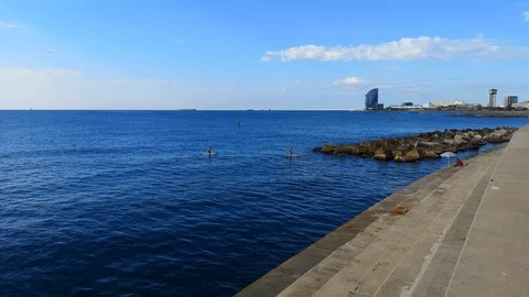 Paddle surfers in the Mediterranean Video stock 93858832