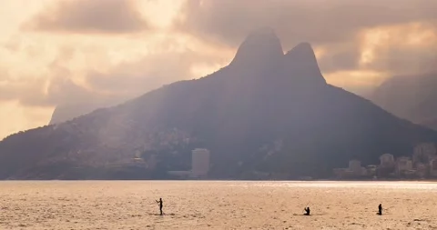 Paddle Surfing(Sup) during sunset at Ipanema Beach, Rio de Janeiro, Brazil Stock Footage 146489686