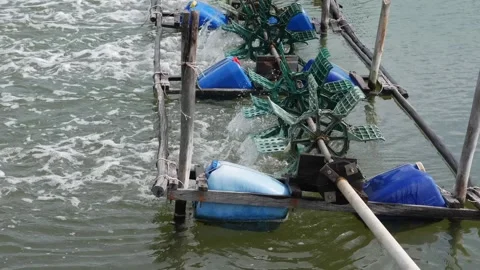 Paddle wheel assembly turning on pond surface sending spray and waves across Stock Footage 325077803