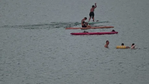 Paddleboard Group on Lake Water Close View Stock-Footage 345037739