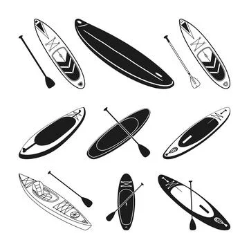 Paddleboard Silhouette, Paddle Board Vector SVG, Kayaks and Paddles Silhouette Stock Illustration