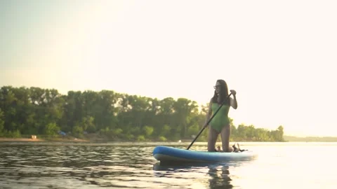 Paddleboarding during a breathtaking sunset on a peaceful, serene lake, truly Stock-Footage 282104871
