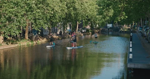 Paddleboarding on Gouda Canal Stock Footage 340384469