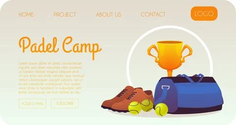 Padel camp website template with a trophy, sneakers, balls, and a bag. Stock Illustration