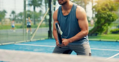 Padel, hands and man with training, racket and fitness with wellness, techn.. Stock Photos