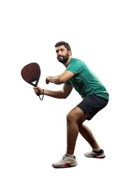 Padel player isolated on white background. Full body view. Open social tour Stock Photos