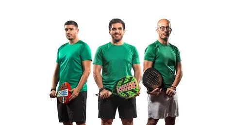 Padel player with racket on white background, photo for ads selling padel Stock Photos