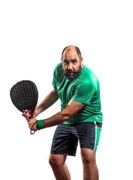 Padel player on white background ready for competition, ideal for advertising Stock Photos