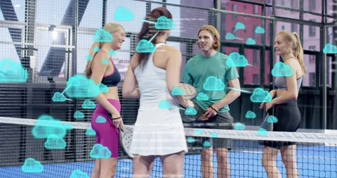 Padel players greeting at net post-match, activating digital clouds and code Stock Footage 320485594