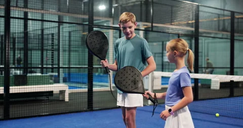 Padel, practice and children with racket, active and training for sport Stock Footage 314101293