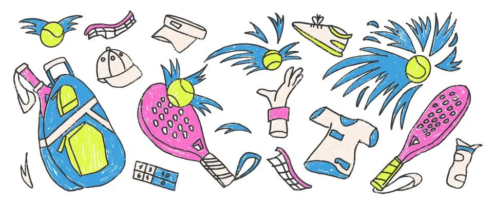 Padel tennis crayon elements set. Racket, ball, sport clothing hand drawn doodle Illustrazione stock