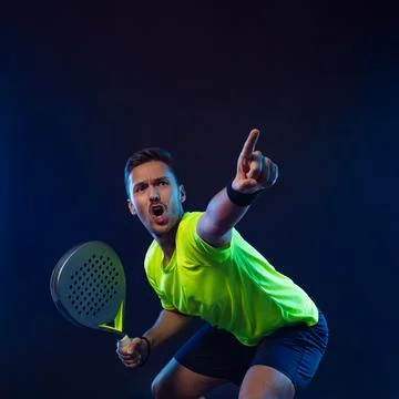 Padel tennis player in social media template. Man athlete with paddle tenis Stock Photos