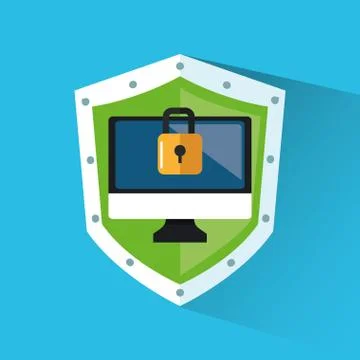 Padlock and computer inside shield design Stock Illustration
