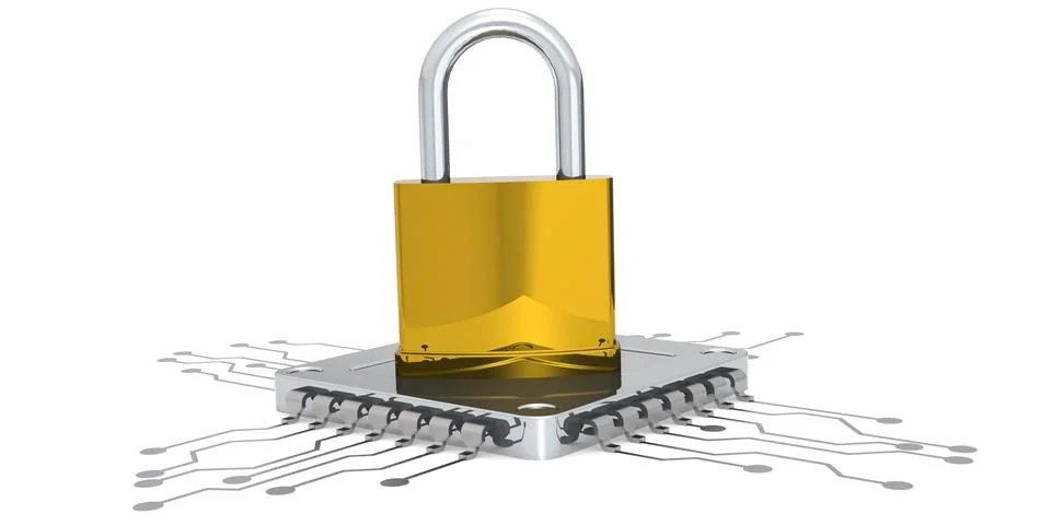 Padlock and computer microchip isolated Illustrazione stock