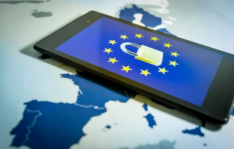 Padlock and EU flag inside a smartphone and EU map, GDPR metaphor Stock Photos