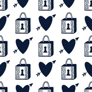 Padlock and hearts seamless pattern. Black and white background. Locks romant Stock Illustration