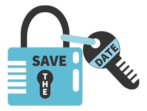 Padlock and key with words SAVE THE DATE. Typographic design element Illustrazione stock