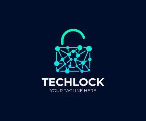 Padlock and network chain logo design. Open lock and circuit vector design Stock Illustration