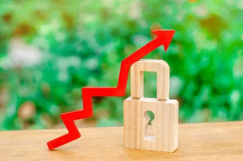 Padlock and red arrow up. concept of increasing security and secrecy, protect Stock Photos