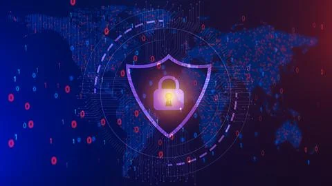 Padlock and shield with dotted map background. Concept of internet privacy .. Stock Illustration