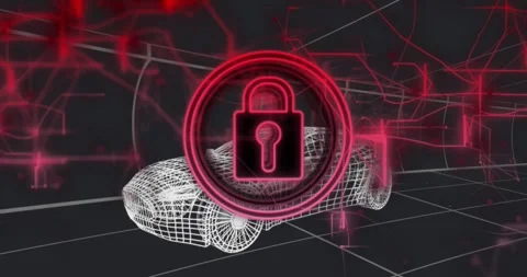 Padlock appearing, growing locking wireframe car red circuits flowing in tunnel, Stock Footage 329899941