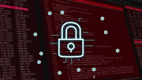 Padlock appearing on maroon code, turning cyan, linking nodes with dotted lines, Stock Footage 332900534