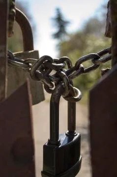 Padlock on the chain  the gate Stock Photos