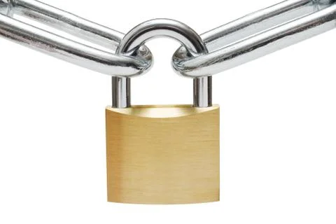 Padlock on Chain Links Isolated on a White Background Stock Photos