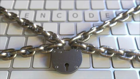 Padlock with chains on the keyboard with ENCODE text on keys. Conceptual 3D Stock Footage 111816267