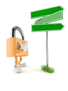 Padlock character with blank signpost 스톡 일러스트