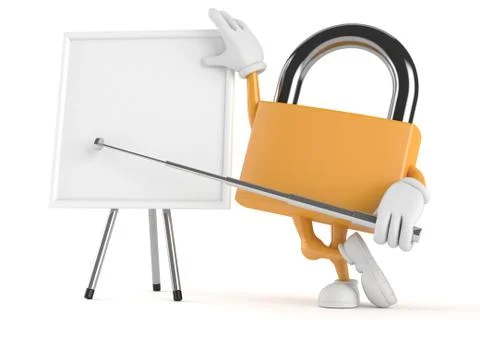 Padlock character with blank whiteboard Stock Illustration