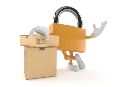 Padlock character with stack of boxes 스톡 일러스트