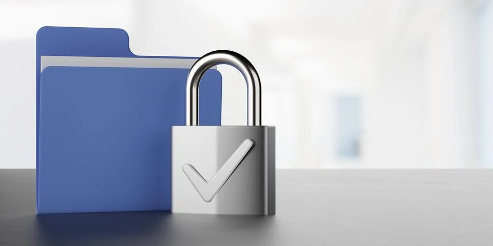 Padlock with checkmark in front of folder on table in busines office with c.. Ilustración de archivo