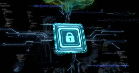 Padlock chip floating circuits growing, data mesh pulsing, map fading, it Stock Footage 318194554