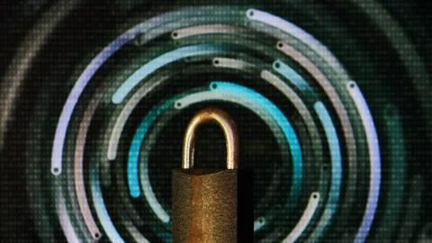 Padlock closed. padlock placed in front of circular defocus bokeh light. digi Stock Photos