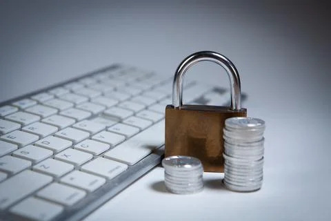 Padlock on computer keyboard and coins, business security and protection co.. 写真素材
