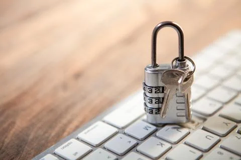Padlock on computer keyboard. Cyber security and data protection concept. Stock-Fotos