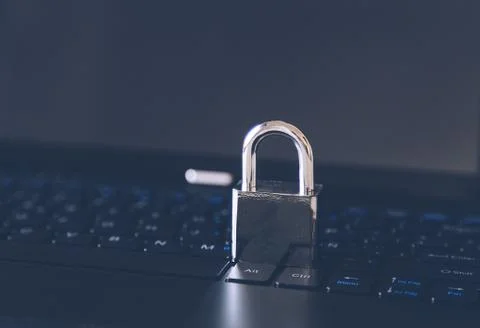 Padlock on a computer keyboard - cybersecurity concept 스톡 사진