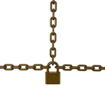 Padlock connecting chains.Isolated on white background. 3D rendering illustra Stock Illustration