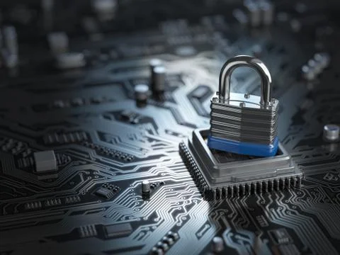 Padlock on CPU computer circuit board. Lock over  the motherboard. Network se 스톡 사진