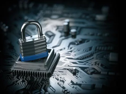 Padlock on CPU computer circuit board. Lock over  the motherboard. Network se 스톡 사진