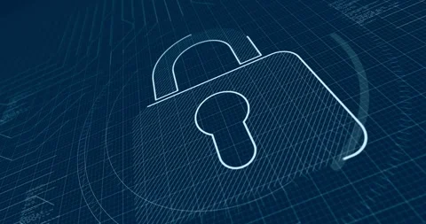 Padlock cyber security contour 3d symbol on blueprint scheme Видео 337941575